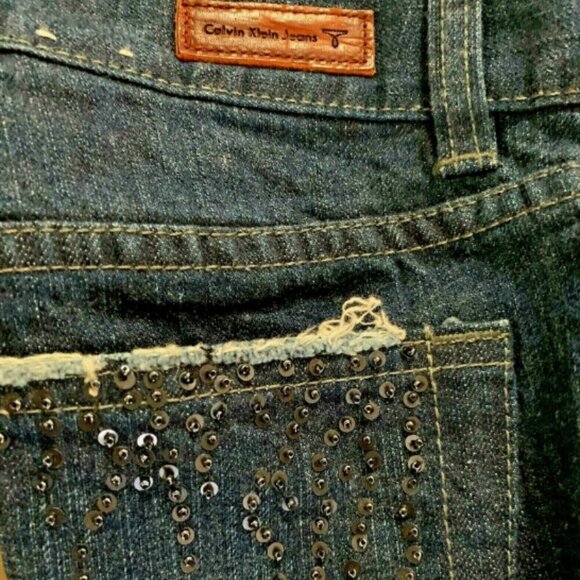 Calvin Klein Blue Jean Low Rise Flare Beaded Pocket Dark Wash Sz 10 #150N - Picture 9 of 12